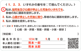 臓器提供意思表示カード（裏面）の記入例の画像